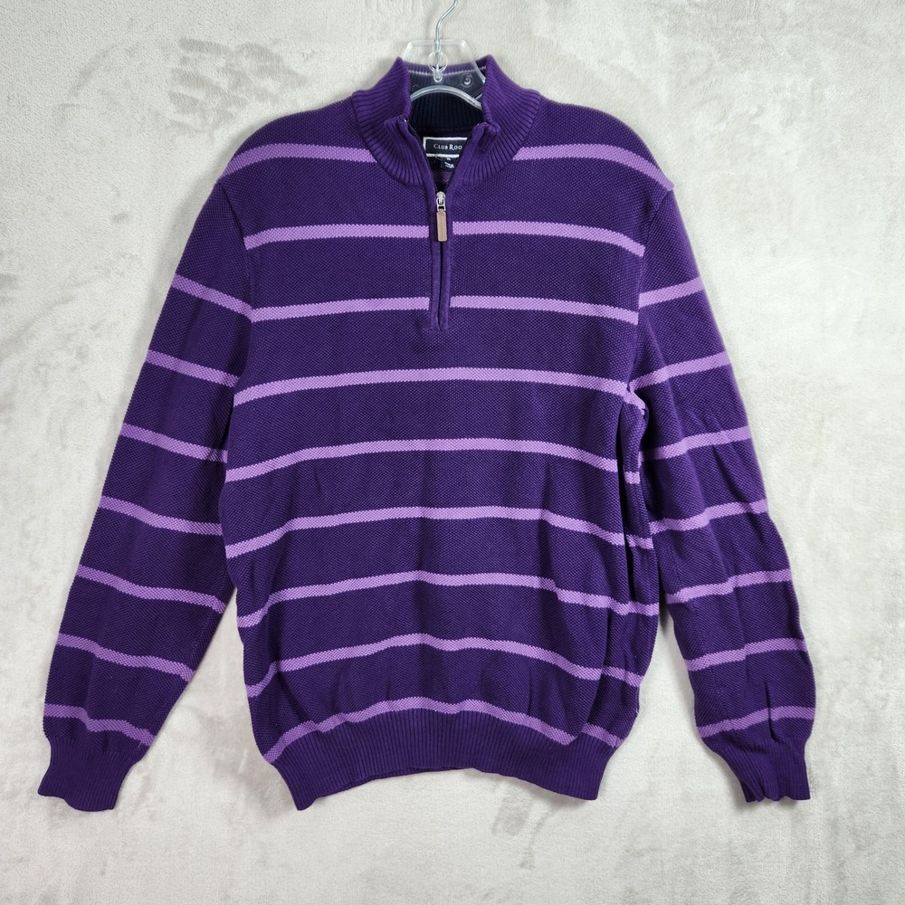Club Room Quarter Zip Sweater Mens XL Purple Striped Cotton Pullover Preppy